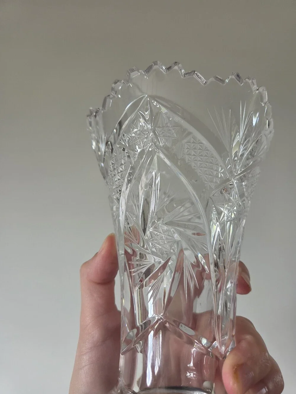 Crystal Vase: Bohemian Floral Cut Glass, Crown Top Design